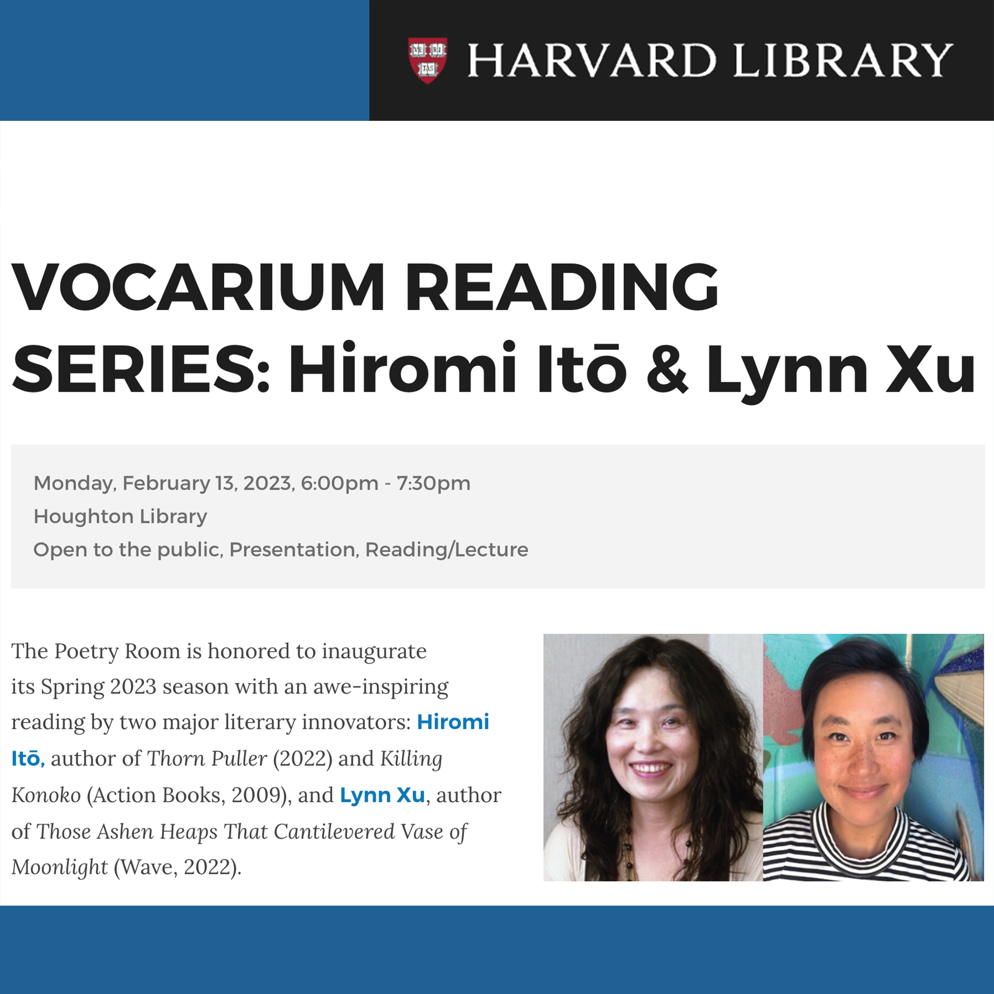 Vocarium Reading Series Hiromi Itō & Lynn Xu Reischauer Institute of